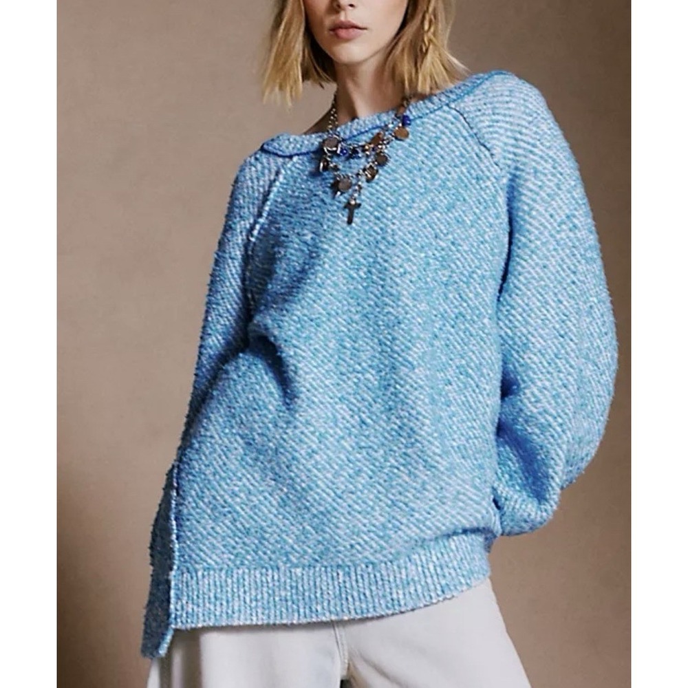 Free people Carter tunic crew neck sweater oversized Blue Y2K sz S A008434
